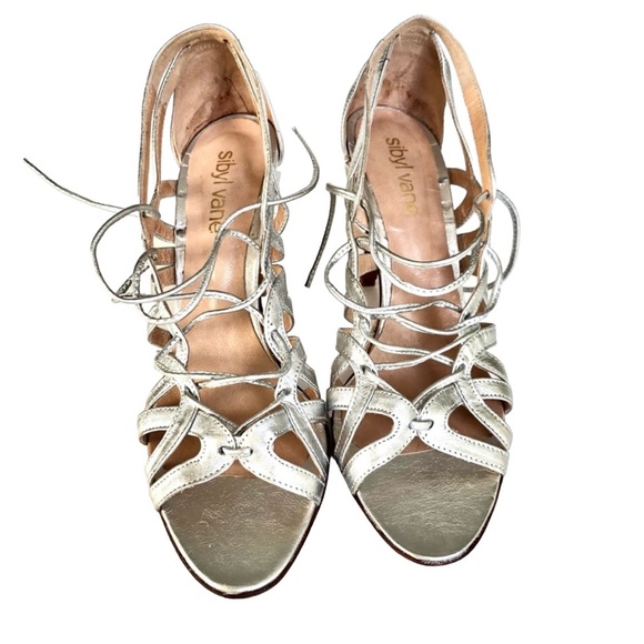 Sibyl Vane Argentina Hand Made Silver Metallic Leather Strappy Sandals Womens - Picture 6 of 12